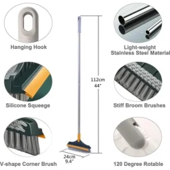 3 i 1 golvskurborste med långt handtag 120° roterande dusch golvskrubber Hushållsrengöringsborste för badrumskök