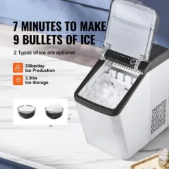 33 lbs/dag 130W bärbar elektrisk ismaskin med isskopa/iskorg, justerbar isbitsstorlek, bra isoleringsteknik, självrengörande, lågt ljud
