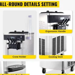 20-28 L/timme kommersiell mjukglassmaskin med dubbla 6-liters trattar och smart LCD-panel, 3 smaker, lätt att flytta