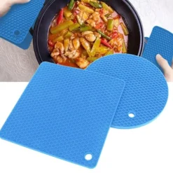 5 st 2 runda 3 fyrkantiga silikonvaxkaksmattor mångsidiga värmedynor för varma rätter och bord blå