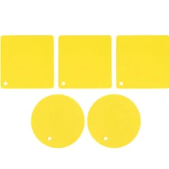 5 st 2 runda 3 fyrkantiga silikonvaxkaksmattor mångsidiga värmedynor för varma rätter och bord, gul