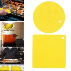 5 st 2 runda 3 fyrkantiga silikonvaxkaksmattor mångsidiga värmedynor för varma rätter och bord, gul