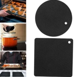 5 st 2 runda 3 fyrkantiga silikonvaxkaksmattor mångsidiga värmedynor för varma rätter och bord svarta