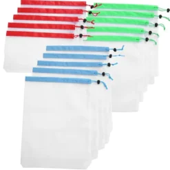15 st. 3 storlekar dragskonätpåsar återanvändbara diverse leksaksfrukter och grönsaker förvaringsstans