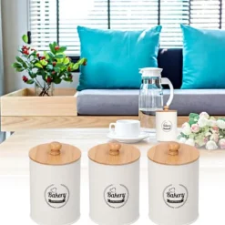 3 st tebehållare bambulock burk te kaffe förvaringsbehållare för hemkök vit