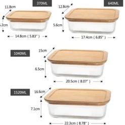 4 stycken glas matlådor med bambu lock i olika storlekar