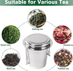 1 tesil i rostfritt stål med vikbara dubbla handtag och lock, kan hängas på tekannor, koppar, muggar, för att brygga löst te och kaffe