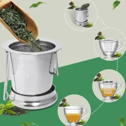 1 tesil i rostfritt stål med vikbara dubbla handtag och lock, kan hängas på tekannor, koppar, muggar, för att brygga löst te och kaffe