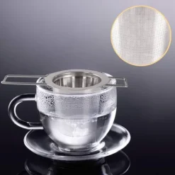 1 tesil i rostfritt stål med vikbara dubbla handtag och lock, kan hängas på tekannor, koppar, muggar, för att brygga löst te och kaffe
