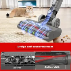 Akitas V10A Sladdlös Stövsugare 450W med BLDC-motor, Sugkraft 45kPa, 60min Autonomi, Grön LED Borste, Lätt, Anti-Trassel