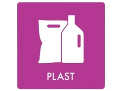 Avfallspiktogramskylt PLAST 12x12 cm, aluminium, lila/vit