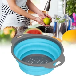 Avloppskorg Silikon Rund Hopfällbar Fruktavlopp Grönsakstvättkorg med Handtag för Hemkök Blå Stor