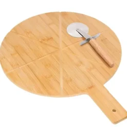 Bambu Pizza Fatär med Inox Pizzaskärare För Precisionsskärning Cheffinger Ljusbrun