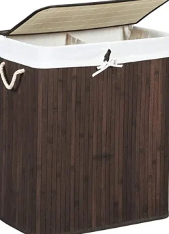 Bambu tvättkorg - tvättställ med 2 fack - bricka - med lock - 100 l