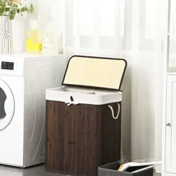 Bambu tvättkorg - tvättställ med 2 fack - bricka - med lock - 100 l