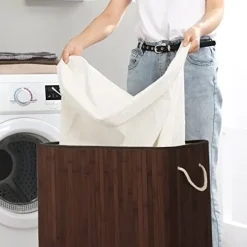 Bambu tvättkorg - tvättställ med 2 fack - bricka - med lock - 100 l