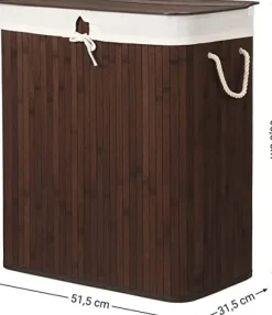 Bambu tvättkorg - tvättställ med 2 fack - bricka - med lock - 100 l