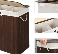 Bambu tvättkorg - tvättställ med 2 fack - bricka - med lock - 100 l