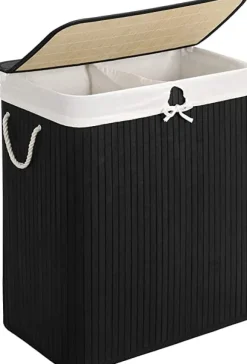 Bambu tvättkorg - tvättställ med 2 fack - bricka - med lock - 100 l