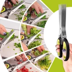 5-bladig kökssax i rostfritt stål, gräslökskryddsax med säkerhetsskydd och rengöringskam