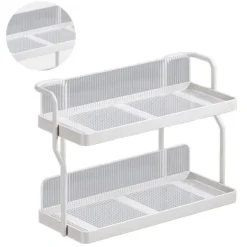 Bänkskiva Hylla Organizer Kolstål 2-vånings multifunktionellt kök Kryddställ för sovrum Badrumsskåp under diskbänk Krämvit