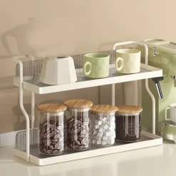 Bänkskiva Hylla Organizer Kolstål 2-vånings multifunktionellt kök Kryddställ för sovrum Badrumsskåp under diskbänk Krämvit