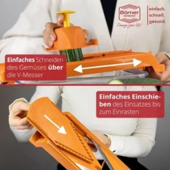 Borner Mandolin V3 Special | 7-delat set | 5 skärtjocklekar | Lämplig som pommes fritesskärare | BPA-fri och rostfri | orange