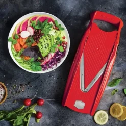 Borner V5 PowerLine Plus set grönsaksskärare, frukt- och grönsaksskärare med frukthållare, skivinsats, skalare, 10 typer av snitt, 6-delat set, röd