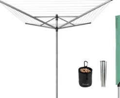Brabantia Lift-O-Matic Rotary Airer Washing Line with 45mm Metal Soil Spear and Accessories, 50 m - Silver