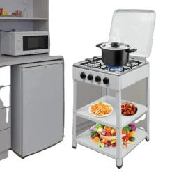 4-brännare Gaskök, Rostfritt Stål, Bärbar Design, Vindskydd,VIT