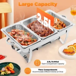 Buffévarmhållare, chafing dish med 3 fack, kapacitet över 5 L, 410 rostfritt stål, portabel för fest