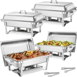 Buffévärmare Varmhållningsfat - Rektangulär 4-pack 9,91 L - Rostfritt Stål - Lock & Bränslehållare - 2 Mattänger - För Buffé, Fest, Bröllop - Silver | CDON