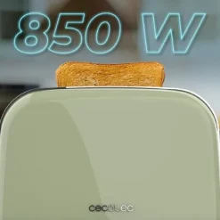 Cecotec Steel toaster with double short slot, 850 W power, and warming rack.