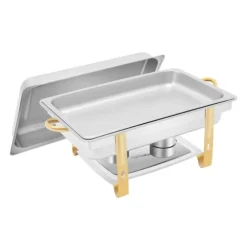 Chafing Dish - Buffévärmare - 9 L Kapacitet - Rostfritt Stål - 2 Brännarhållare - För fast alkohol/bio-olja - 63x35x32 cm - Silver/Guld