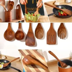 7-Delad träslev Set för matlagning, Akacia träredskap, Träslev Set för kök