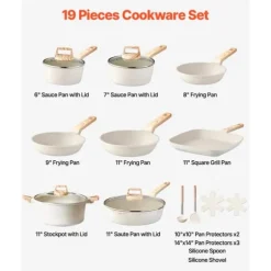 19-delade Grytor och Kastruller, Granit Nonstick, Köksredskap i Vit Färg, Lätt att Rengöra
