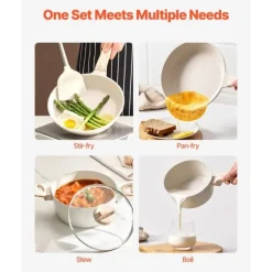 19-delade Grytor och Kastruller, Granit Nonstick, Köksredskap i Vit Färg, Lätt att Rengöra