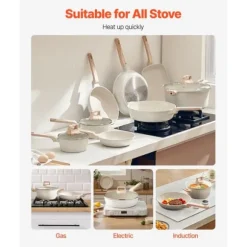 19-delade Grytor och Kastruller, Granit Nonstick, Köksredskap i Vit Färg, Lätt att Rengöra