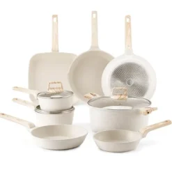 19-delade Grytor och Kastruller, Granit Nonstick, Köksredskap i Vit Färg, Lätt att Rengöra