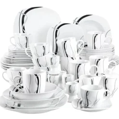 50/100-delars porslinsmiddagsservis, mikrovågsugn och diskmaskinssäker, svart linjedesign,50 stycken