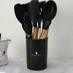 12-delars Silikon Köksredskap med Förvaringsställ – Komplett och Praktisk Köksutrustning