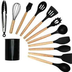 12-delars Silikon Köksredskap med Förvaringsställ – Komplett och Praktisk Köksutrustning