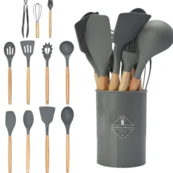 12-delars Silikon Köksredskap med Förvaringsställ – Komplett och Praktisk Köksutrustning