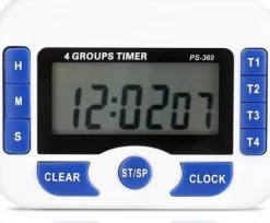 Digital kökstimer, 4-kanals köksnedräkningstimer med LCD-display, hopfällbart stativ och upphängningshål, magnetisk baksida (vit + blå)