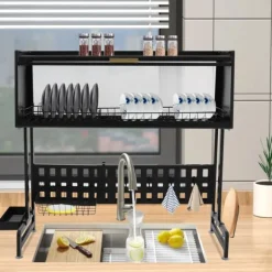 Diskställ - Över diskbänk torkställ - Utdragbar - Rosttålig - Mått 84,5×28×31 cm - Max belastning 100 kg - Kolstål och PP - Svart