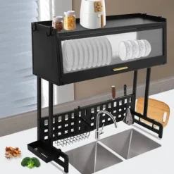 Diskställ - Över diskbänk torkställ - Utdragbar - Rosttålig - Mått 84,5×28×31 cm - Max belastning 100 kg - Kolstål och PP - Svart