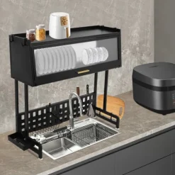 Diskställ - Över diskbänk torkställ - Utdragbar - Rosttålig - Mått 84,5×28×31 cm - Max belastning 100 kg - Kolstål och PP - Svart