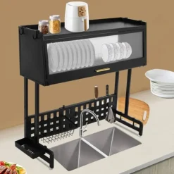 Diskställ - Över diskbänk torkställ - Utdragbar - Rosttålig - Mått 84,5×28×31 cm - Max belastning 100 kg - Kolstål och PP - Svart