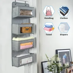 Dörrhängande Förvarare - 4 Fickor med Genomskinligt Fönster - För Förråd/Badrum/Garderob (Gråvit)