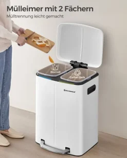 Dubbel soptunna, 2 x 20 l kökssoptunna, trappstegsbehållare i metall med dubbla fack, innerhinkar i plast, lock med mjuk stängning och handtag, luktt | CDON